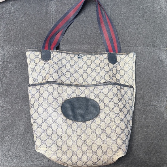 Gucci Beige and Navy Tote with Red Accents